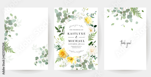 Yellow rose, peony, white lilac, tulip, magnolia, spring garden flowers, mint eucalyptus, greenery, fern