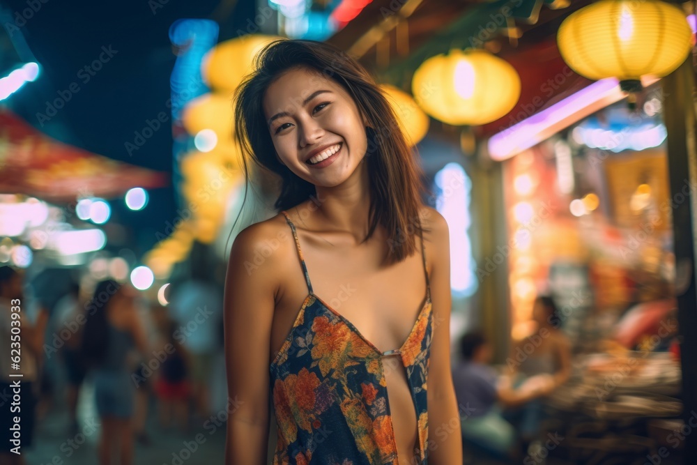 Urban fashion portrait photography of a grinning girl in her 30s wearing a stylish swimsuit against a lively night market background. With generative AI technology