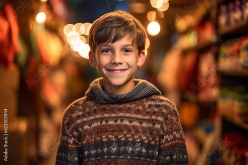 Three-quarter studio portrait photography of a happy mature boy wearing a cozy sweater against a lively night market background. With generative AI technology
