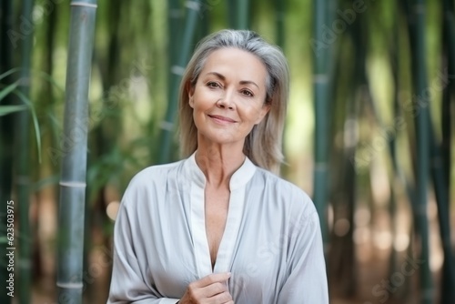 Medium shot portrait photography of a glad mature woman wearing a sophisticated blouse against a tranquil bamboo grove background. With generative AI technology