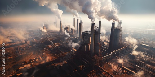 Top view of a sprawling steel mill, smoke billowing from its chimneys, painting the sky with a gray haze , concept of Industrialization, created with Generative AI technology