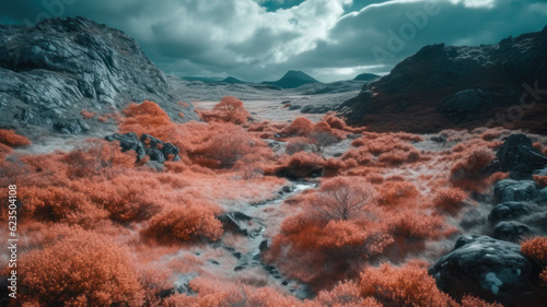 Fantasy aerial picture above the dramatic landscape with infrared colors Generative AI