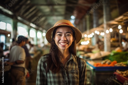 Environmental portrait photography of a joyful mature girl wearing a cool cap or hat against a bustling indoor market background. With generative AI technology