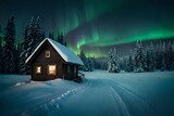 house in the forest**A captivating celestial phenomenon with the mesmerizing Northern Lights illuminating a snowy landscape, casting vibrant hues of green and purple across the night sky, while a cozy