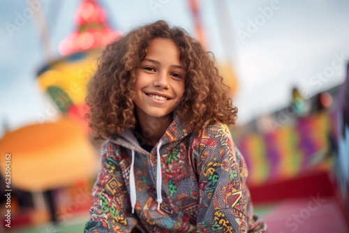 Casual fashion portrait photography of a happy kid female wearing a stylish hoodie against a lively festival ground background. With generative AI technology