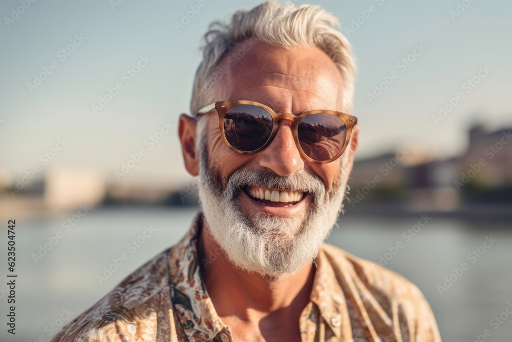 Close-up portrait photography of a joyful old man wearing a trendy sunglasses against a peaceful riverside walk background. With generative AI technology Close-up portrait photography of a joyful old man wearing a trendy sunglasses against a peaceful riverside walk background. With generative AI technology