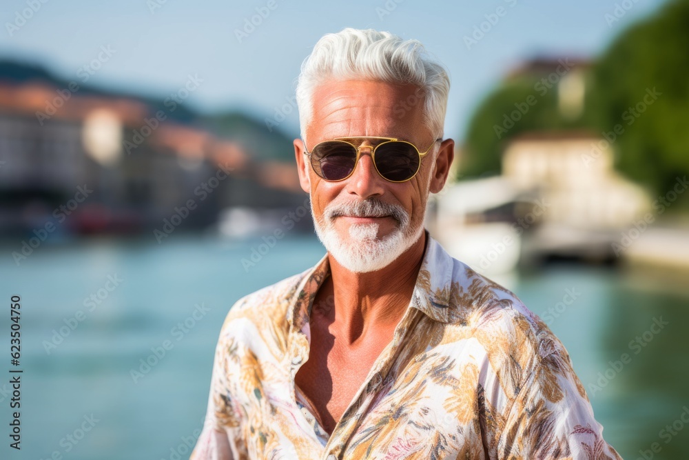 Studio portrait photography of a glad old man wearing a trendy