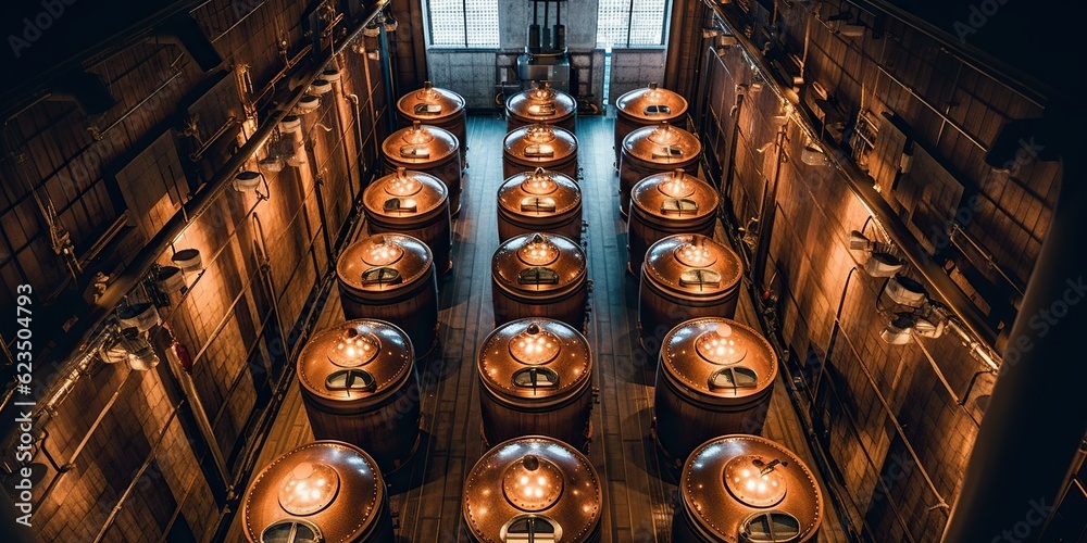 Top view of a brewery, large copper vats and barrels lined up in perfect symmetry , concept of Production Process, created with Generative AI technology