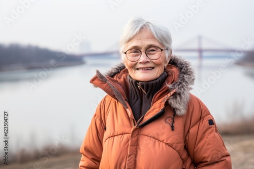 Casual fashion portrait photography of a satisfied old woman wearing a durable parka against a peaceful riverside walk background. With generative AI technology