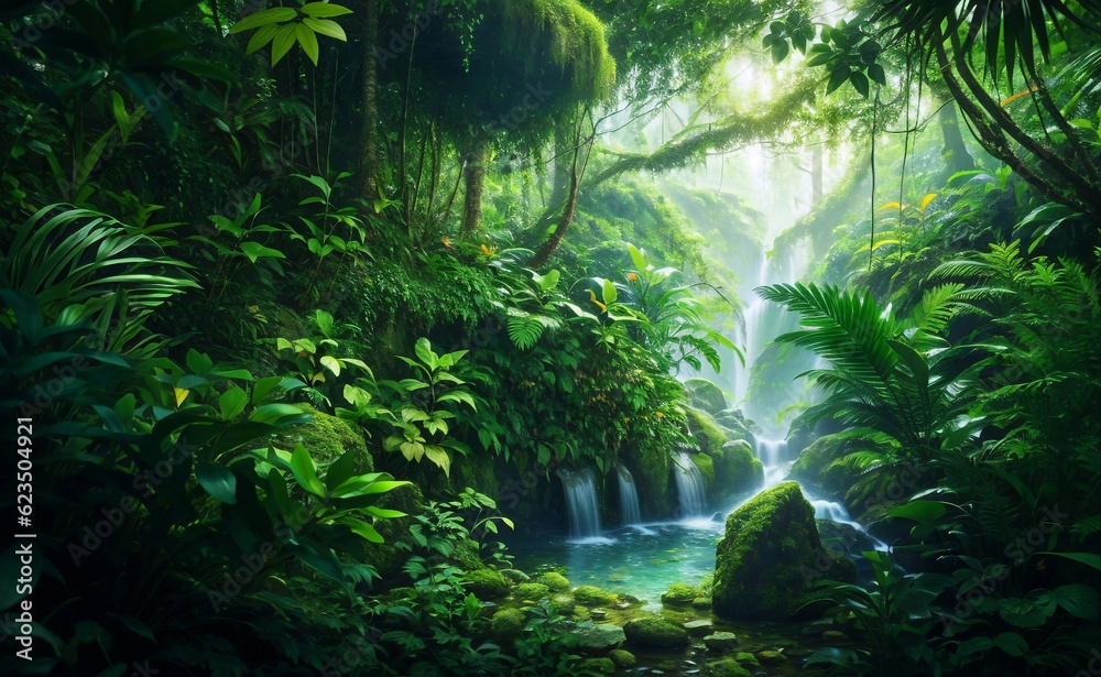 Fototapeta premium Green beautiful jungle background, Generative AI Illustration.