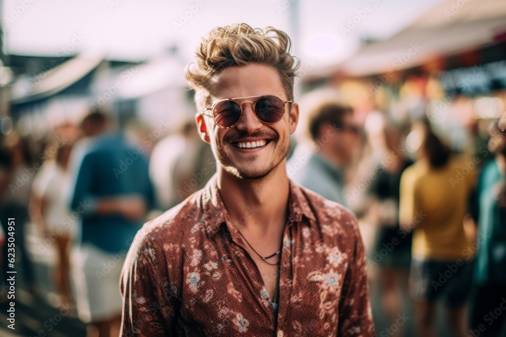 Lifestyle portrait photography of a happy boy in his 30s wearing a trendy sunglasses against a bustling art fair background. With generative AI technology