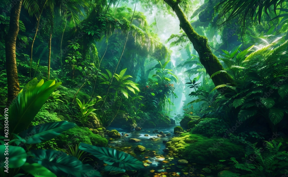 Fototapeta premium Green beautiful jungle background, Generative AI Illustration.