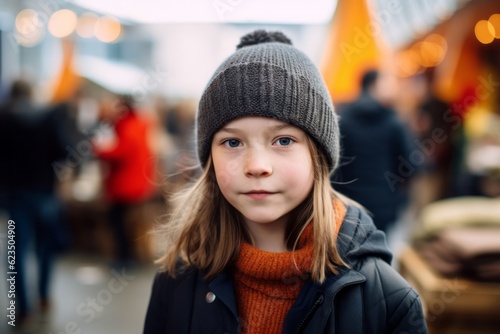 Environmental portrait photography of a tender kid female wearing a cool cap against a bustling art fair background. With generative AI technology