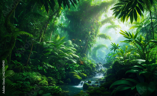 Green beautiful jungle background, Generative AI Illustration. © Creative_Bringer
