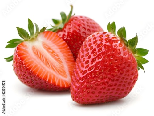 Strawberries with strawberry leaf on white background.