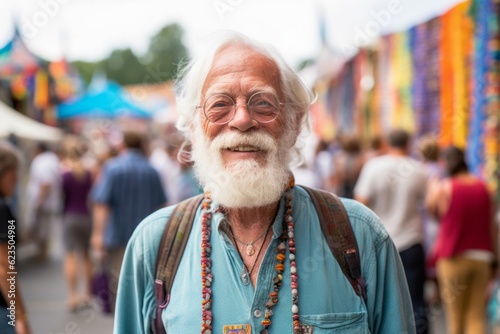 Eclectic portrait photography of a grinning old man wearing a colorful neckerchief against a bustling art fair background. With generative AI technology © Markus Schröder
