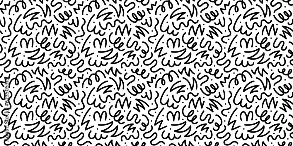 Fototapeta premium Fun black line doodle seamless pattern. Creative minimalist style art background for children or trendy design with basic shapes. Simple childish scribble backdrop.