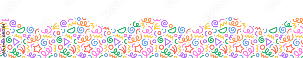 Fun colorful line doodle wave seamless pattern. Creative style art background for children or trendy design with basic shapes. Simple party confetti texture, childish scribble shape backdrop. - obrazy, fototapety, plakaty 