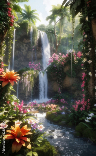 A waterfall in forest with blooming flowers, Generative AI Illustration.