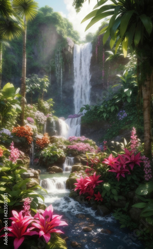 A waterfall in forest with blooming flowers  Generative AI Illustration.
