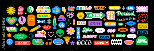 Fototapeta Colorful vintage label shape set. Collection of trendy retro sticker cartoon shapes. Funny comic character art and quote sign patch bundle.