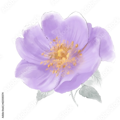 
A beautiful blossom of a purple rosehip flower with a yellow center on a white background. This digital watercolor painting captures the intricate details and vibrant colors of nature. 