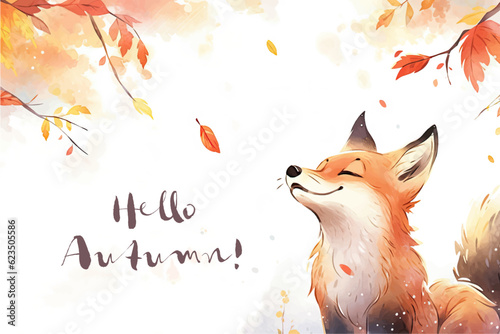 Watercolor illustration of a cute fox on a background of autumn leaves