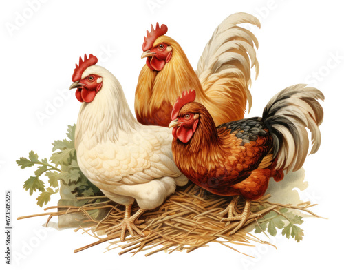 Fotografija Group of three chickens, Vintage style hand painted color isolated