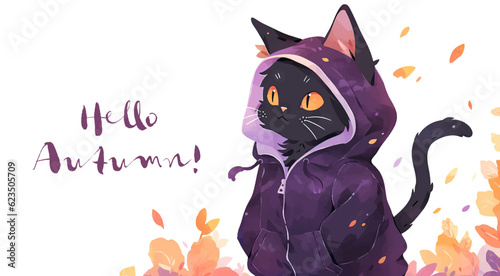 Cute black cat in a purple dress with a bow. Vector illustration.