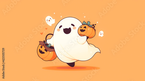 Cute Halloween ghost with a smiling jack-o-lantern pumpkin. Created with Generative AI.