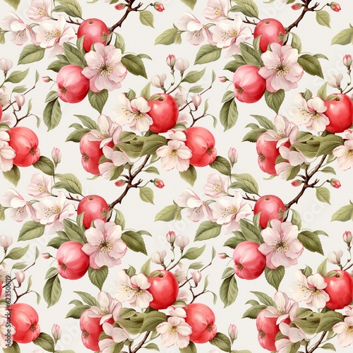 seamless pattern watercolor red apples on a branch with leaves and flowers. generated ai
