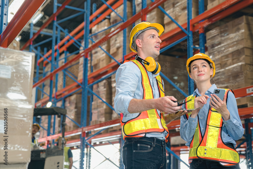 Caucasian man, woman warehouse supervisor discuss and use tablet check package with forklift driver worker load box on shelf, product distribution inventory management,Logistics shipping business plan Caucasian man, woman warehouse supervisor discuss and use tablet check package with forklift driver worker load box on shelf, product distribution inventory management,Logistics shipping business plan