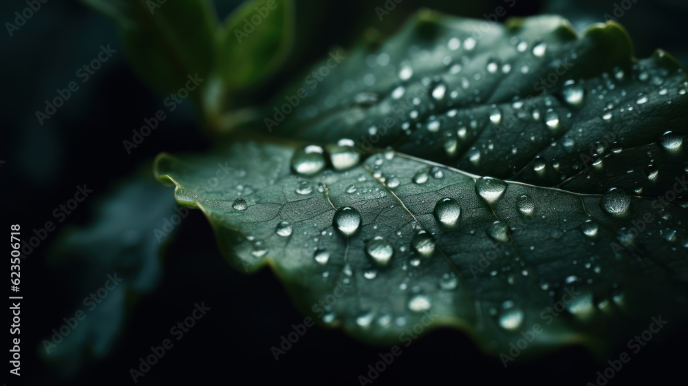 Macro Shoot of a Green Leaf with Dew Drops. Generative AI Macro Shoot of a Green Leaf with Dew Drops. Generative AI