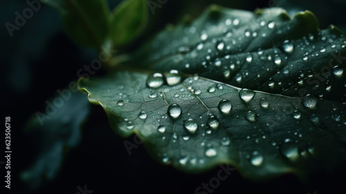 Macro Shoot of a Green Leaf with Dew Drops. Generative AI