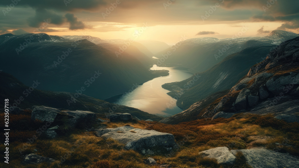 Mountainous landscape and fjord at sunset Generative AI