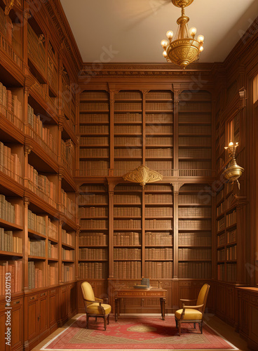 Antique library with bookshelves. Ai generated