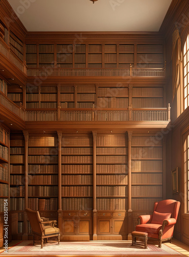 Antique library with bookshelves. Ai generated