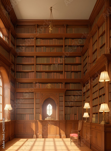 Antique library with bookshelves. Ai generated