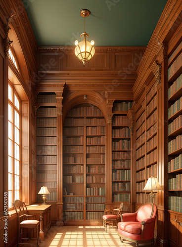 Antique library with bookshelves. Ai generated