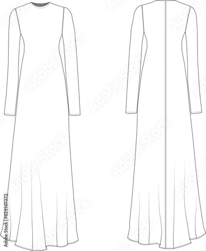 long sleeve lon maxi modest round crew neck dress technical drawing flat sketch fashion woman