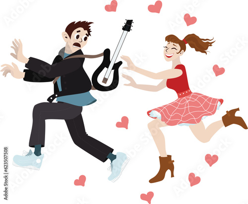 A girl is chasing a guy. Crazy fan chases a rock-idol. Funny colorful caricature about stalking selebrities. Fan's harrasment of popular rock-star, famous singer.Tiresome love. Scared man runs away.