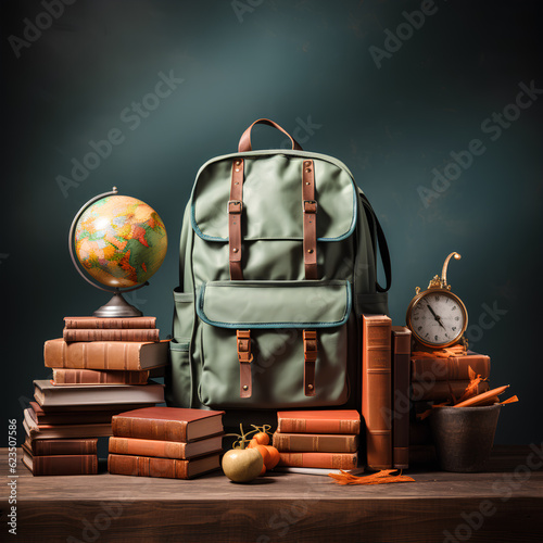 Back to school, school bags and tools on the table, generated by AI
