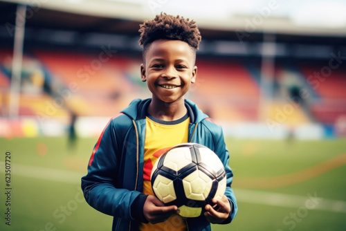 Afro-american boy holding football ball with his hands