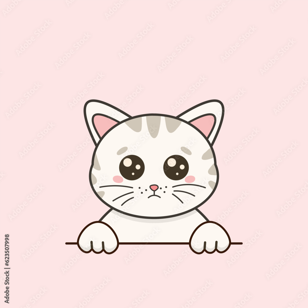 Cute white kitten with pleading look in cartoon style. Vector flat illustration