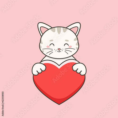 Sweet white kitten holding heart love in cartoon style. Vector illustration