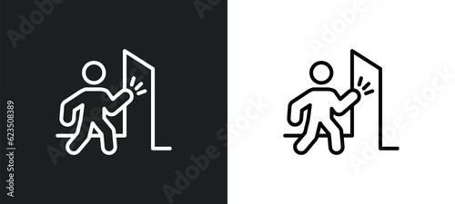 man knocking a door icon isolated in white and black colors. man knocking a door outline vector icon from people collection for web, mobile apps and ui.