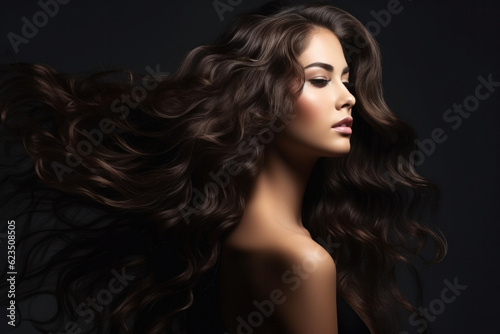 Beautiful woman in profile with long and shiny wavy hair . Beauty model girl with curly hairstyle