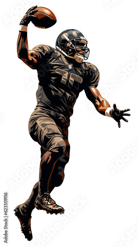 An American football player catches the ball while jumping. Watercolor paint. Transparent isolated background