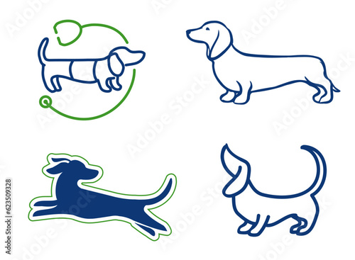 Set of dachshund vector drawings as logo or dog symbol design, for vet, pet shop, includes line art illustration