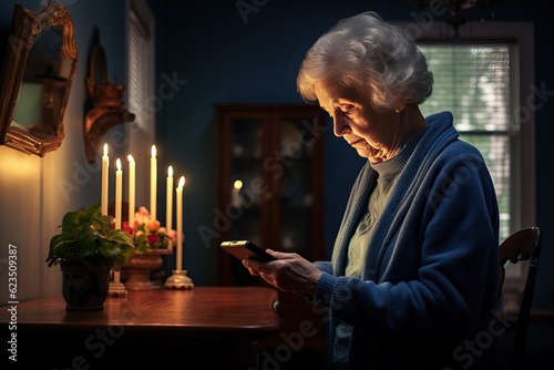 Close-up evening portrait of an elder woman with smartphone at home. AI generated image.